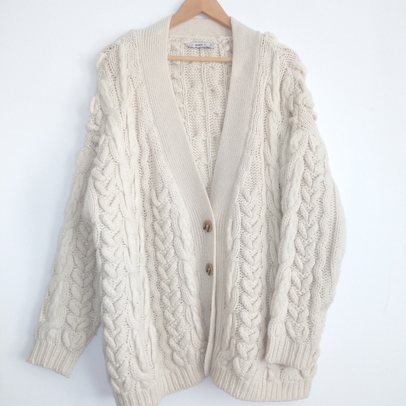 Zara Cable Knit Chunky Cream Top Cardigan Sweater - Picture 3 of 7